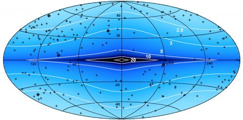 Карта характерных величин "блуждания" координат источников вблизи их истинного положения, вызываемого "гравитационным шумом" Галактики, в микросекундах дуги (показаны контурами) для десятилетнего интервала наблюдений