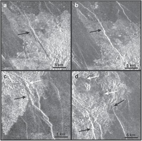 Детальное изображение разломов и грабенов в кратере Сандел (45.7°S/211.7°E) по данным «Магеллан» полного разрешения. Источник: D'Incecco et al. (2020)