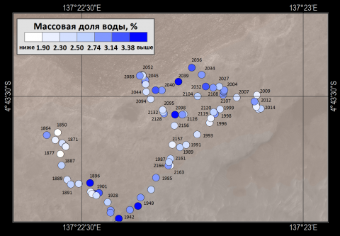 карта активных измерений воды за 2018 год. Цифрами отмечены марсианские дни на поверхности Марса с момента посадки (c) ИКИ РАН, Отдел ядерной планетологии, 2018