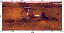 Глобальная карта Марса, обозначено положение равнины Оксия и долины Маврта — двух "кандидатов" в места посадки аппаратов миссии "ЭкзоМарс-2020" (c) NASA/JPL/USGS