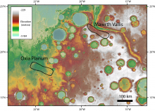 Равнина Оксия и долина Маврта на карте с обозначением высоты местности. Места посадки обозначены линиями. Данные о высоте получены с помощью альтиметра на борту КА Mars Global Surveyor (НАСА) (c) NASA/JPL